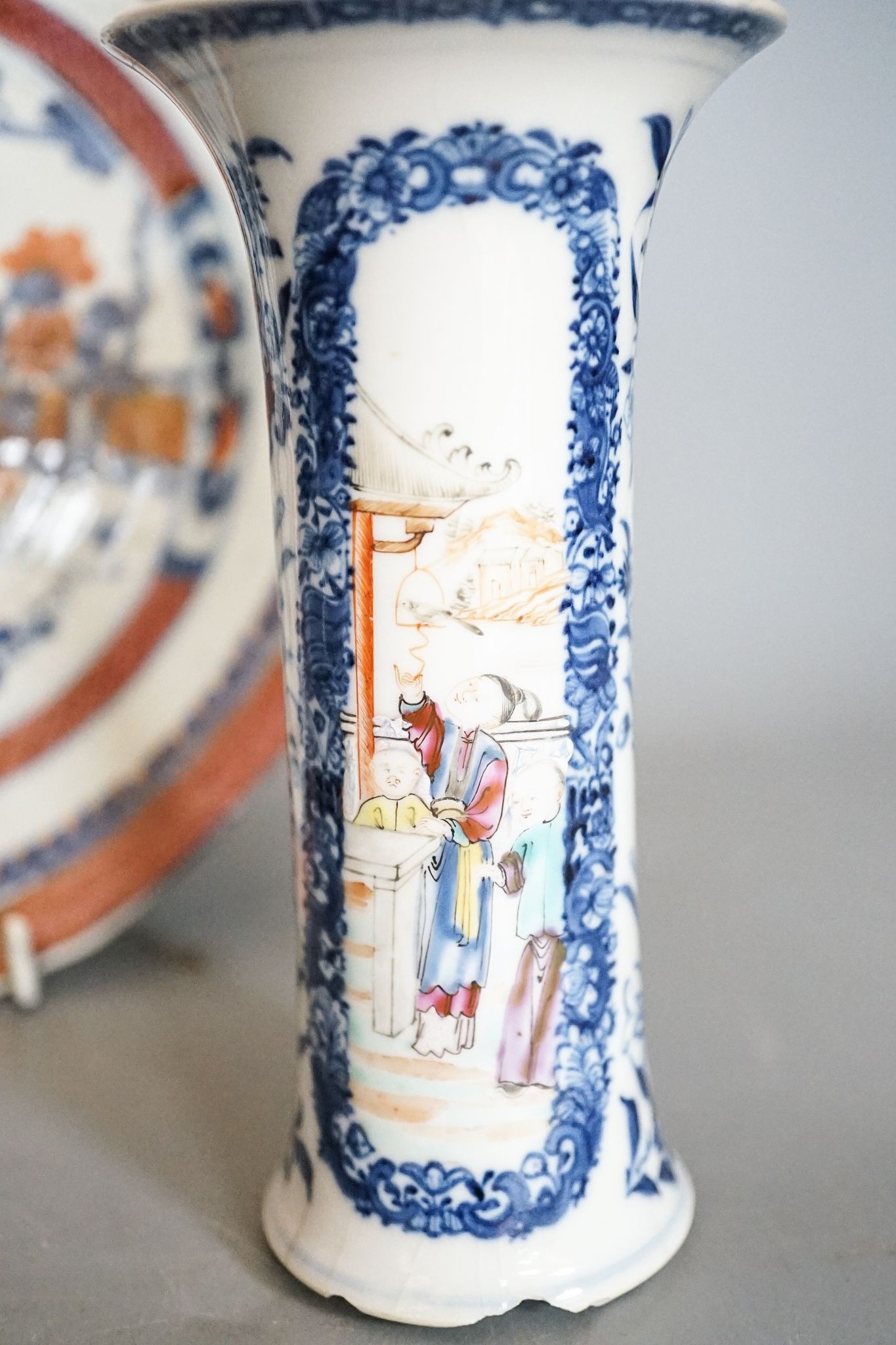 An 18th-century Chinese famille rose small vase, a similar octagonal plate, a 19th-century Cantonese dish and a crackle glaze arrow vase, tallest 15cm